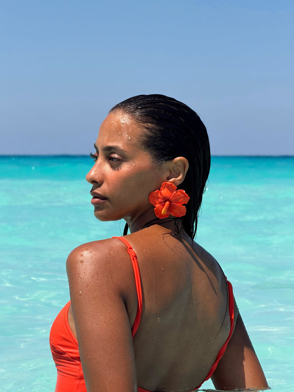 Orange hibiscus flower earrings handmade by KENZA KLAY