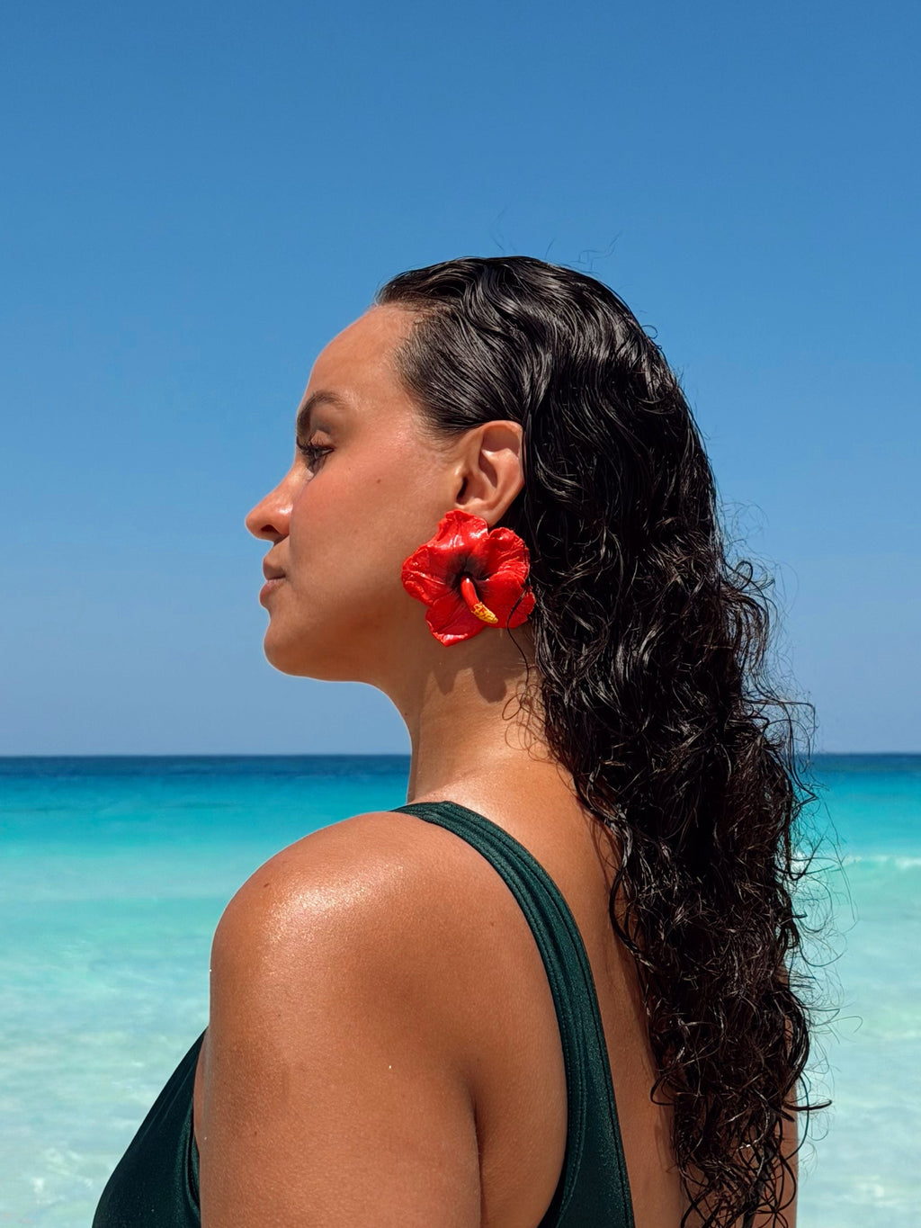Red hibiscus flower earrings handmade by KENZA KLAY